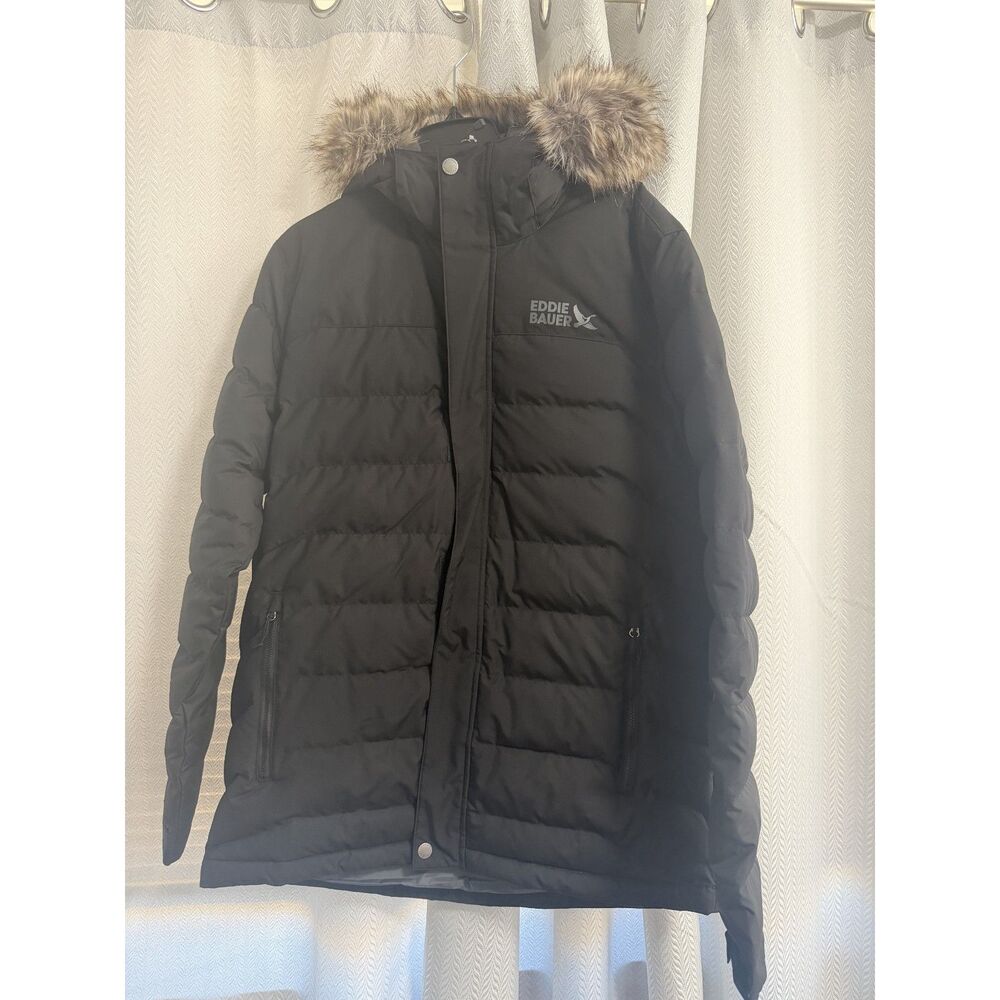 Eddie Bauer Men's Black Puffer Jacket with fur hood - size L
